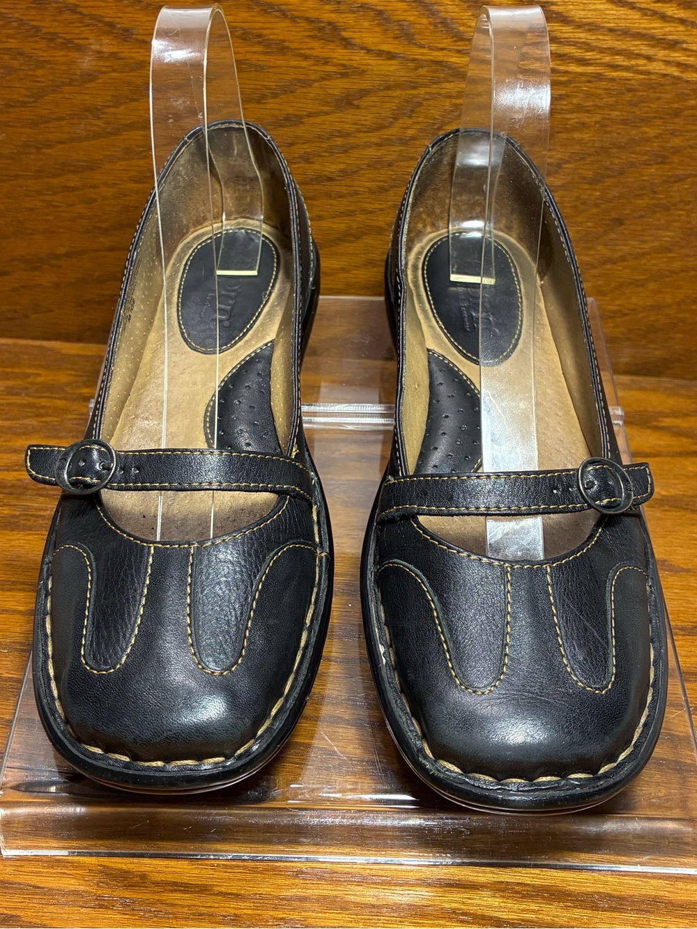 VTG 90s Y2K Born Leather Mary Jane Contrast Stitch Square Toe Flats Black Size 6